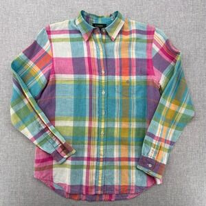 VTG 90s Lauren Ralph Lauren Madras Linen Shirt Women Medium Plaid Prep Colorful
